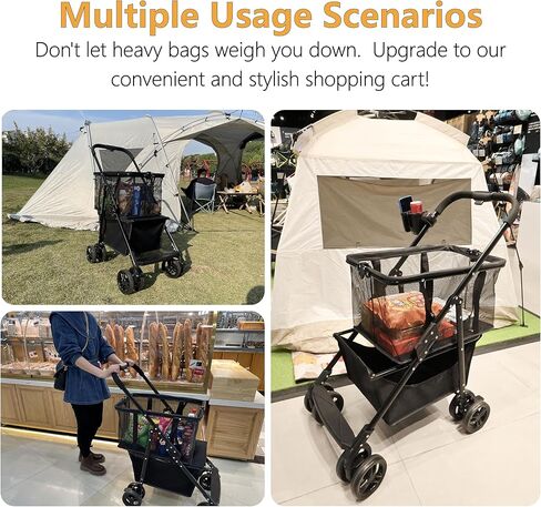 Folding Grocery Cart - 80LBS Heavy Duty Shopping Cart with Detachable Basket & Cup Holder, Collapsible Utility Trolley for Laundry, Outdoor Picnic, Dual-Layer Compact Foldable Cart in Saudi Arabia