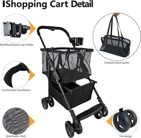 Folding Grocery Cart - 80LBS Heavy Duty Shopping Cart with Detachable Basket & Cup Holder, Collapsible Utility Trolley for Laundry, Outdoor Picnic, Dual-Layer Compact Foldable Cart in Saudi Arabia