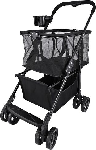 Folding Grocery Cart - 80LBS Heavy Duty Shopping Cart with Detachable Basket & Cup Holder, Collapsible Utility Trolley for Laundry, Outdoor Picnic, Dual-Layer Compact Foldable Cart in Saudi Arabia