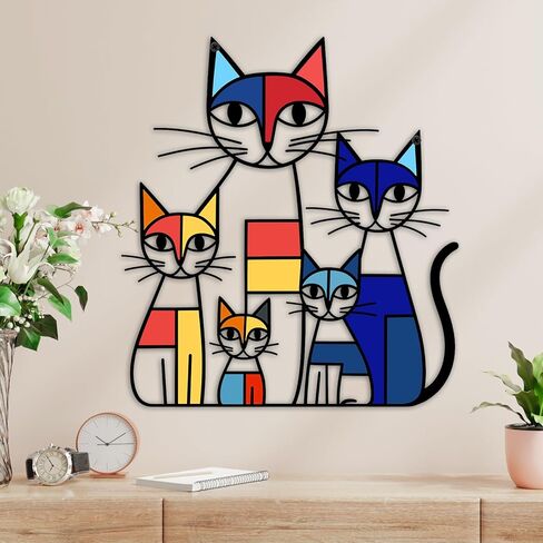 GUSFREUD Metal Cat Wall Art Decor – Mondrian Style Iron Cat Wall Decor, Colorful Geometric Cat Sculptures Home Decor, The Mewsons Family, 11.8 x 10.7 Inches in Kuwait