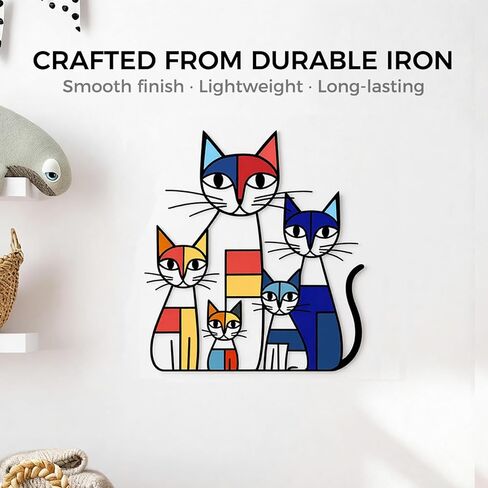 GUSFREUD Metal Cat Wall Art Decor – Mondrian Style Iron Cat Wall Decor, Colorful Geometric Cat Sculptures Home Decor, The Mewsons Family, 11.8 x 10.7 Inches in Kuwait