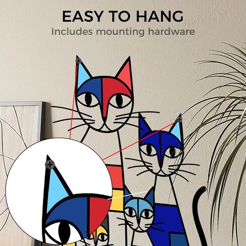 GUSFREUD Metal Cat Wall Art Decor – Mondrian Style Iron Cat Wall Decor, Colorful Geometric Cat Sculptures Home Decor, The Mewsons Family, 11.8 x 10.7 Inches in Kuwait