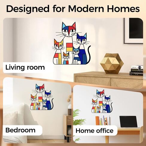 GUSFREUD Metal Cat Wall Art Decor – Mondrian Style Iron Cat Wall Decor, Colorful Geometric Cat Sculptures Home Decor, The Mewsons Family, 11.8 x 10.7 Inches in Kuwait