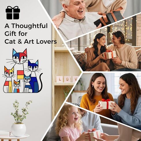 GUSFREUD Metal Cat Wall Art Decor – Mondrian Style Iron Cat Wall Decor, Colorful Geometric Cat Sculptures Home Decor, The Mewsons Family, 11.8 x 10.7 Inches in Kuwait