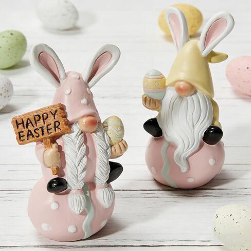 WDS WONDROUS Easter Decorations Gnomes Bunny Figurines Set, 2-Pcs Resin Rabbit Ear Gnome Sitting on Polka Dot Easter Egg Base with Egg & Sign, Easter Decorations Gnomes Bunny Figurines Set in Saudi Arabia