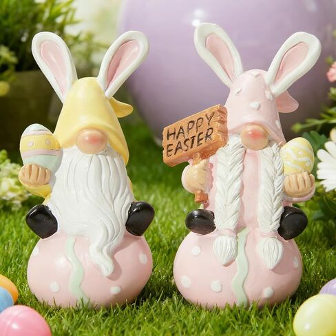 WDS WONDROUS Easter Decorations Gnomes Bunny Figurines Set, 2-Pcs Resin Rabbit Ear Gnome Sitting on Polka Dot Easter Egg Base with Egg & Sign, Easter Decorations Gnomes Bunny Figurines Set in Saudi Arabia