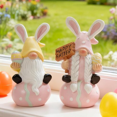 WDS WONDROUS Easter Decorations Gnomes Bunny Figurines Set, 2-Pcs Resin Rabbit Ear Gnome Sitting on Polka Dot Easter Egg Base with Egg & Sign, Easter Decorations Gnomes Bunny Figurines Set in Saudi Arabia