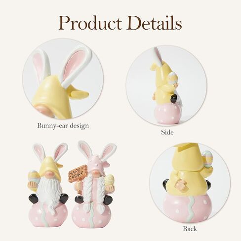 WDS WONDROUS Easter Decorations Gnomes Bunny Figurines Set, 2-Pcs Resin Rabbit Ear Gnome Sitting on Polka Dot Easter Egg Base with Egg & Sign, Easter Decorations Gnomes Bunny Figurines Set in Saudi Arabia