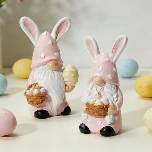 WDS WONDROUS Easter Decorations Gnomes Bunny Figurines Set, 2-Pcs Resin Rabbit Ear Gnome Sitting on Polka Dot Easter Egg Base with Egg & Sign, Easter Decorations Gnomes Bunny Figurines Set in Saudi Arabia