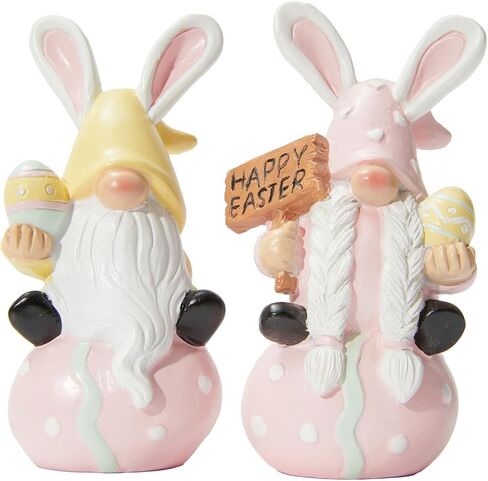 WDS WONDROUS Easter Decorations Gnomes Bunny Figurines Set, 2-Pcs Resin Rabbit Ear Gnome Sitting on Polka Dot Easter Egg Base with Egg & Sign, Easter Decorations Gnomes Bunny Figurines Set in Saudi Arabia