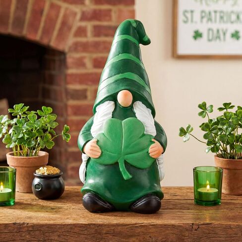 Novabright 7 Inch Large St Patrick's Day Gnome Decorations, Resin Leprechaun Figurines Dwarf Irish Green Shamrock Gnome Decor for St. Patrick's Desk Party Gifts Tabletop Home Ornaments Decor in Saudi Arabia