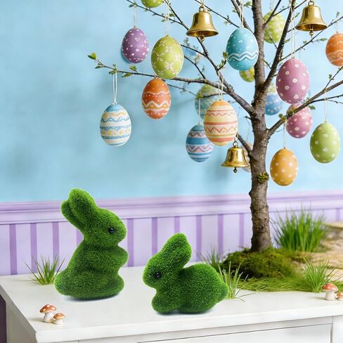 Moss Easter Bunny Home Decor, 12 Pcs Artificial Green Moss Rabbit for Easter Decoration, Small Flocked Bunny Figurines for Spring Table Decor (12) in Kuwait