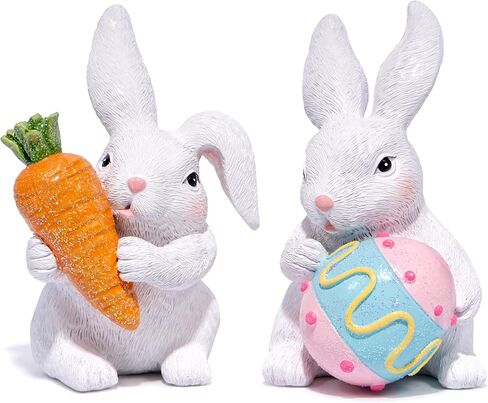 Hodao Easter Bunny Figurine Set - Adorable Handcrafted Bunnies Holding Carrot and Egg A Must-Have for Spring Home Décor Enhance Festive Atmosphere Easter Table Centerpiece, Mantel Decoration in Saudi Arabia