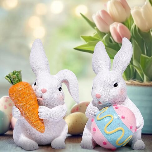 Hodao Easter Bunny Figurine Set - Adorable Handcrafted Bunnies Holding Carrot and Egg A Must-Have for Spring Home Décor Enhance Festive Atmosphere Easter Table Centerpiece, Mantel Decoration in Saudi Arabia
