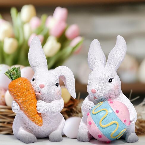 Hodao Easter Bunny Figurine Set - Adorable Handcrafted Bunnies Holding Carrot and Egg A Must-Have for Spring Home Décor Enhance Festive Atmosphere Easter Table Centerpiece, Mantel Decoration in Saudi Arabia