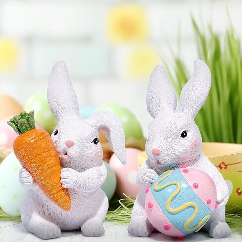 Hodao Easter Bunny Figurine Set - Adorable Handcrafted Bunnies Holding Carrot and Egg A Must-Have for Spring Home Décor Enhance Festive Atmosphere Easter Table Centerpiece, Mantel Decoration in Saudi Arabia