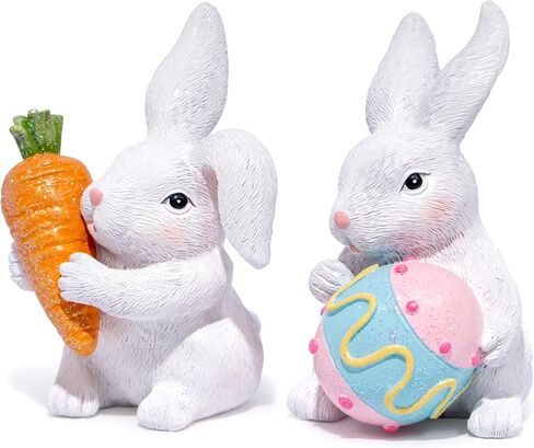 Hodao Easter Bunny Figurine Set - Adorable Handcrafted Bunnies Holding Carrot and Egg A Must-Have for Spring Home Décor Enhance Festive Atmosphere Easter Table Centerpiece, Mantel Decoration in Saudi Arabia