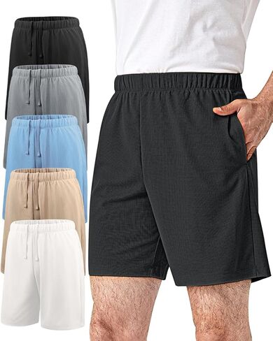 Liloak Mens Shorts Multipack 7 in Cotton Casual Athletic Gym Knit Short with Pockets, Soft Pajama Lounge Sleep Shorts in Kuwait