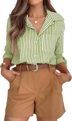 قمصان مخططة فائقة النعومة بأزرار سفلية للنساء، قمصان عمل كاجوال بياقة طويلة الأكمام مع جيب in Kuwait