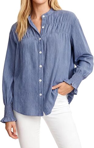 Womens Spring 2025 Linen Button Down Shirts Crewneck Loose ‌Smocked Long Sleeve Tops Business Casual Work Blouses in Saudi Arabia
