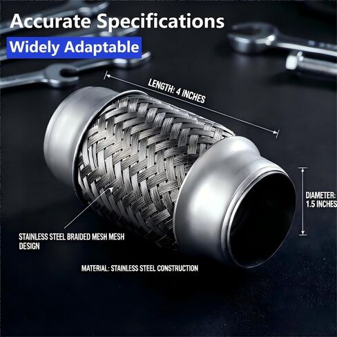 Exhaust Flex Pipe Adaptor, 1.5" x 4" Durable Universal Stainless Steel SS Double Braided Flex Pipe Exhaust Adaptor Piping in Kuwait