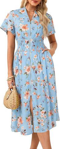 GRACE KARIN Womens Summer Maxi Floral Dress Casual 2026 Long Zipper Dresses Boho Flowy Beach Vacation Sundress with Pockets in Saudi Arabia