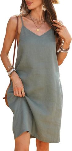 Women's 100% Linen Dress Spaghetti Strap Adjustable Strap V Neck Sleeveless Sundress Summer 2026 Beach Vacation in Kuwait