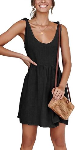 CNJFJ Womens Summer Shoulder Tie Strap Babydoll Dress Casual Scoop Neck A-Line Skater Swing Mini Sundress in Kuwait