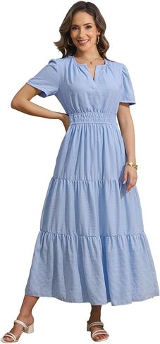 فساتين طويلة كاجوال للنساء من Rainday، فستان بوهو للشاطئ بأكمام قصيرة وخصر مطاطي مع جيوب in Kuwait