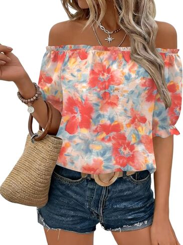 Kistore Womens Tops Short Sleeve Cotton Shirts Off The Shoulder Tops for Women Crewneck Dressy Casual Blouses in Saudi Arabia