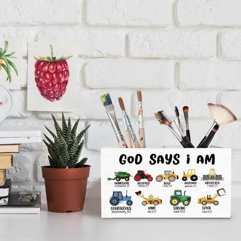 Christian Construction Nursery Pen Holder for Desk, God Says I Am Bible Verse Pencil Organizer, Christian Gifts for Boys Wooden Box Sign Desk Decor for Kids Boys Room Decoration in Saudi Arabia