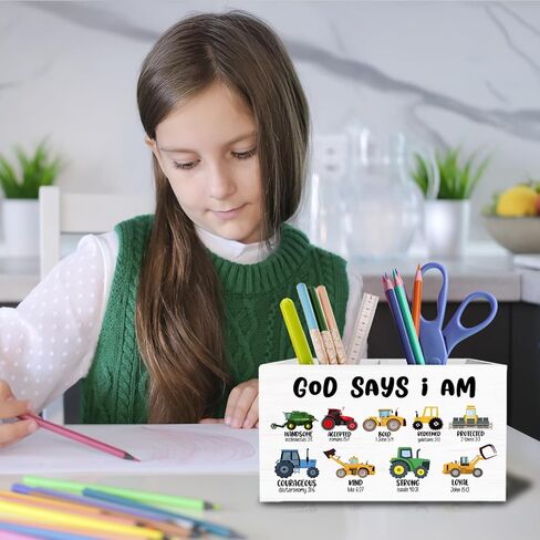Christian Construction Nursery Pen Holder for Desk, God Says I Am Bible Verse Pencil Organizer, Christian Gifts for Boys Wooden Box Sign Desk Decor for Kids Boys Room Decoration in Saudi Arabia