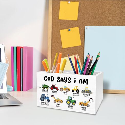 Christian Construction Nursery Pen Holder for Desk, God Says I Am Bible Verse Pencil Organizer, Christian Gifts for Boys Wooden Box Sign Desk Decor for Kids Boys Room Decoration in Saudi Arabia