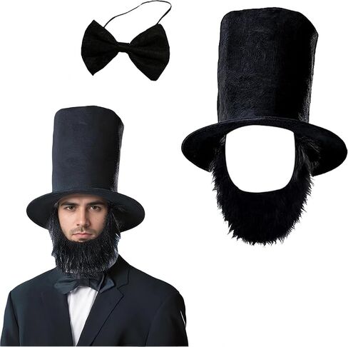 Abraham Lincoln Costume Set Black Top Gentleman Hat with Beard Bow Tie Patriotic President Cosplay Costume Funny Halloween Dress up Party Magician Ringmaster Costumes for Adults in Saudi Arabia