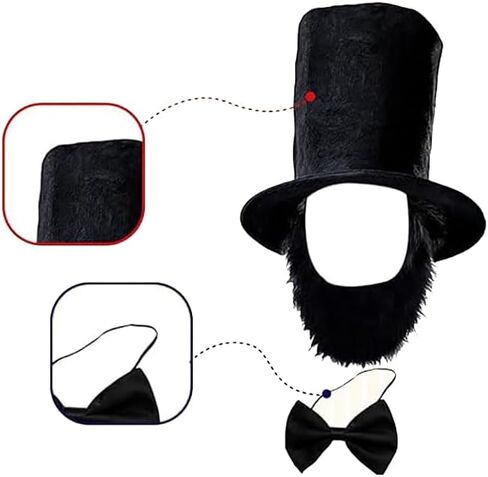 Abraham Lincoln Costume Set Black Top Gentleman Hat with Beard Bow Tie Patriotic President Cosplay Costume Funny Halloween Dress up Party Magician Ringmaster Costumes for Adults in Saudi Arabia