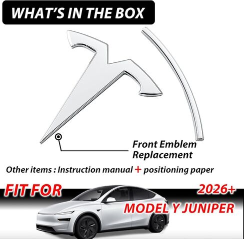 Metal Emblem Replacement for Tesla Model Y Juniper 2026+, Logo Badge Anti-Fade, All-Weather, Easy Install, Multiple Colors for Tesla Y Juniper Accessories 2026 (Front-Model Y Juniper 2025+, Silver) in Kuwait
