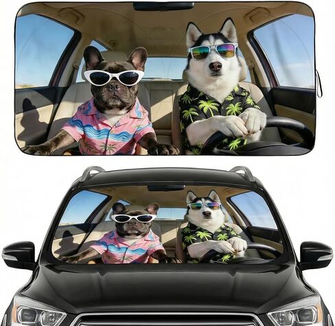 Funny Dog Car Sun Shade for Windshield - Cool Husky & French Bulldog in Hawaiian Shirts - 170T Silver Coated UV Reflector - Heat Shield for Cars, SUVs, Trucks (Standard(63"x31.5" / 160cm x 80cm)) in Saudi Arabia