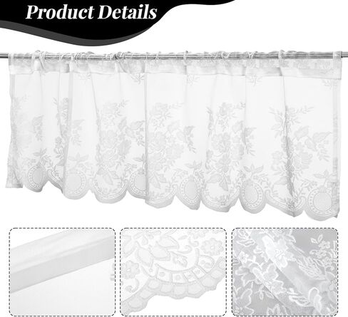 Lace Valances for Windows, Curtain Valance 52x16 in with 2.36 in Rod Pocket Short Sheer Lace Floral Valance for Kitchen Living Room Bedroom in Kuwait