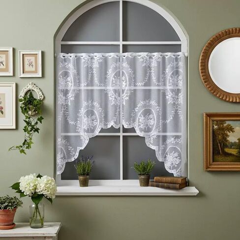 White Lace Swag Curtain Valances for Living Room Small Windows, Rose Floral Embroidered Sheer Vintage Window Valance Farmhouse Country Decor Window Treatments for Kitchen, Bedroom, Bathroom, Cafe in Saudi Arabia