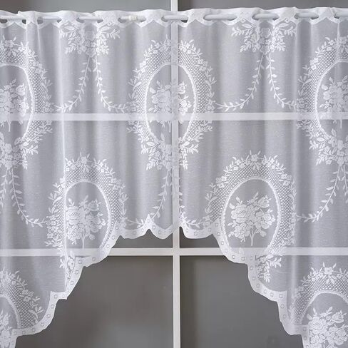 White Lace Swag Curtain Valances for Living Room Small Windows, Rose Floral Embroidered Sheer Vintage Window Valance Farmhouse Country Decor Window Treatments for Kitchen, Bedroom, Bathroom, Cafe in Saudi Arabia
