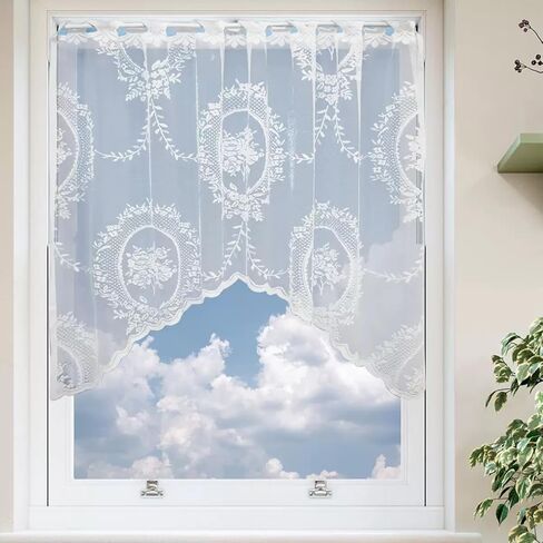 White Lace Swag Curtain Valances for Living Room Small Windows, Rose Floral Embroidered Sheer Vintage Window Valance Farmhouse Country Decor Window Treatments for Kitchen, Bedroom, Bathroom, Cafe in Saudi Arabia