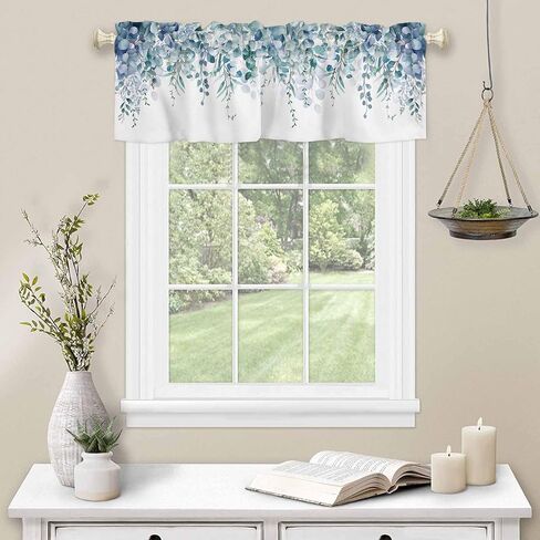 Valance Curtain Blue Eucalyptus Kitchen Curtain for Window Watercolor Leaves Rod Pocket Valance Kitchen Window Treatment for Bedroom Living Room 54x18inch in Saudi Arabia