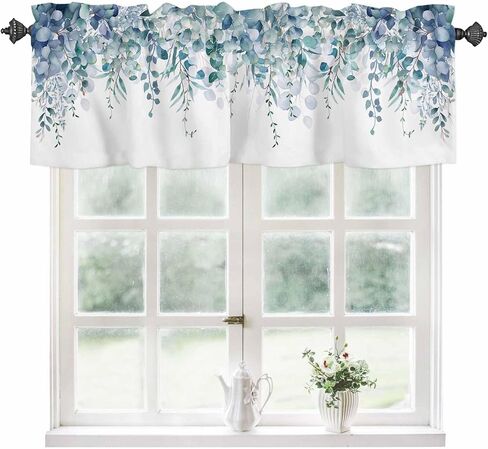 Valance Curtain Blue Eucalyptus Kitchen Curtain for Window Watercolor Leaves Rod Pocket Valance Kitchen Window Treatment for Bedroom Living Room 54x18inch in Saudi Arabia