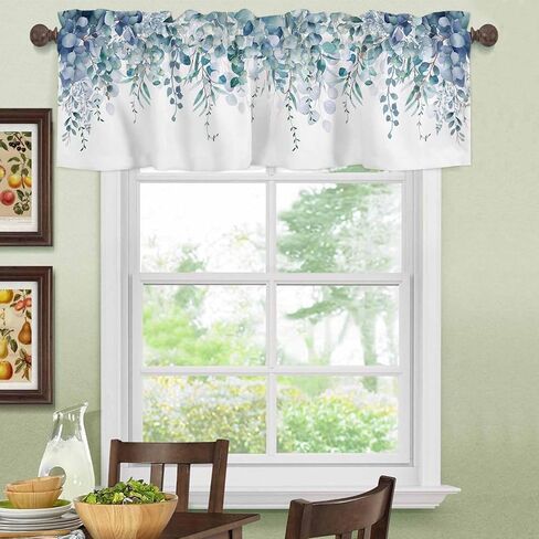 Valance Curtain Blue Eucalyptus Kitchen Curtain for Window Watercolor Leaves Rod Pocket Valance Kitchen Window Treatment for Bedroom Living Room 54x18inch in Saudi Arabia