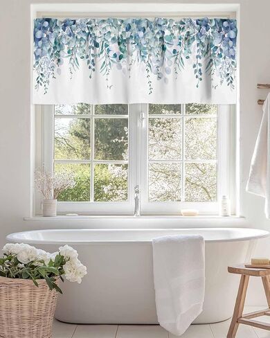 Valance Curtain Blue Eucalyptus Kitchen Curtain for Window Watercolor Leaves Rod Pocket Valance Kitchen Window Treatment for Bedroom Living Room 54x18inch in Saudi Arabia
