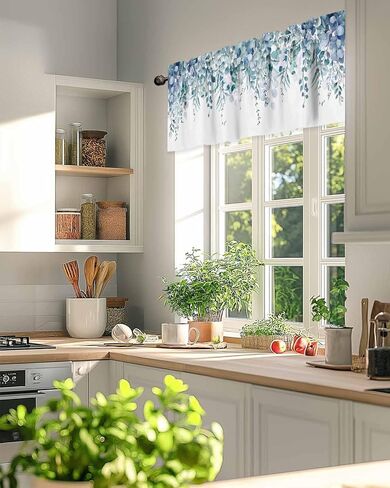 Valance Curtain Blue Eucalyptus Kitchen Curtain for Window Watercolor Leaves Rod Pocket Valance Kitchen Window Treatment for Bedroom Living Room 54x18inch in Saudi Arabia