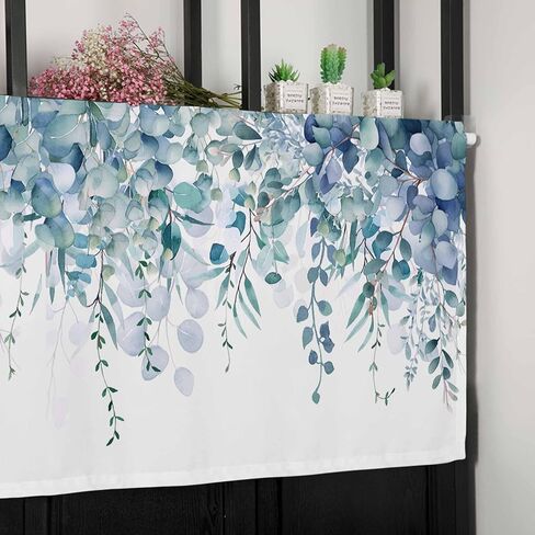 Valance Curtain Blue Eucalyptus Kitchen Curtain for Window Watercolor Leaves Rod Pocket Valance Kitchen Window Treatment for Bedroom Living Room 54x18inch in Saudi Arabia