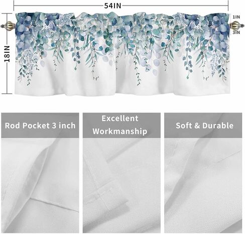 Valance Curtain Blue Eucalyptus Kitchen Curtain for Window Watercolor Leaves Rod Pocket Valance Kitchen Window Treatment for Bedroom Living Room 54x18inch in Saudi Arabia
