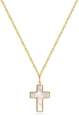 Natural White Shell Cross Pendant Necklace For Women O-Link Chain Titanium Steel Plated with 18K Gold Color Gloss Elegant & Unique in Saudi Arabia