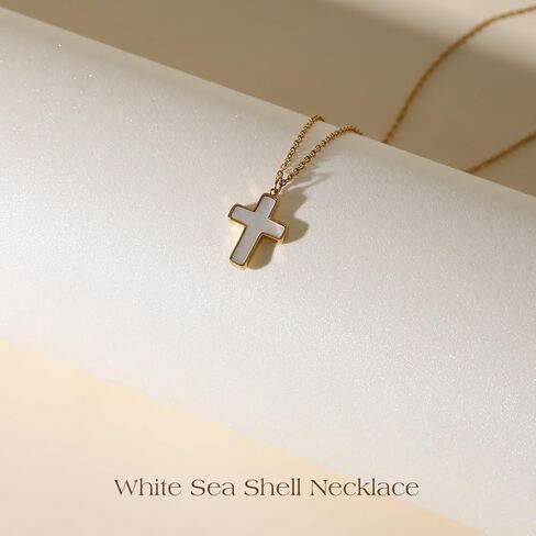 Natural White Shell Cross Pendant Necklace For Women O-Link Chain Titanium Steel Plated with 18K Gold Color Gloss Elegant & Unique in Saudi Arabia